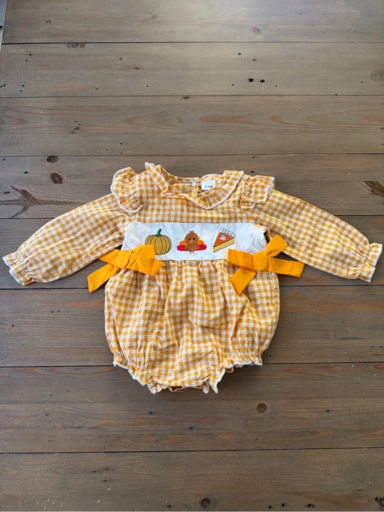 Other - Baby Girl Yellow Gingham Fall Thanksgiving Pumpkin Romper - 6-12 Months